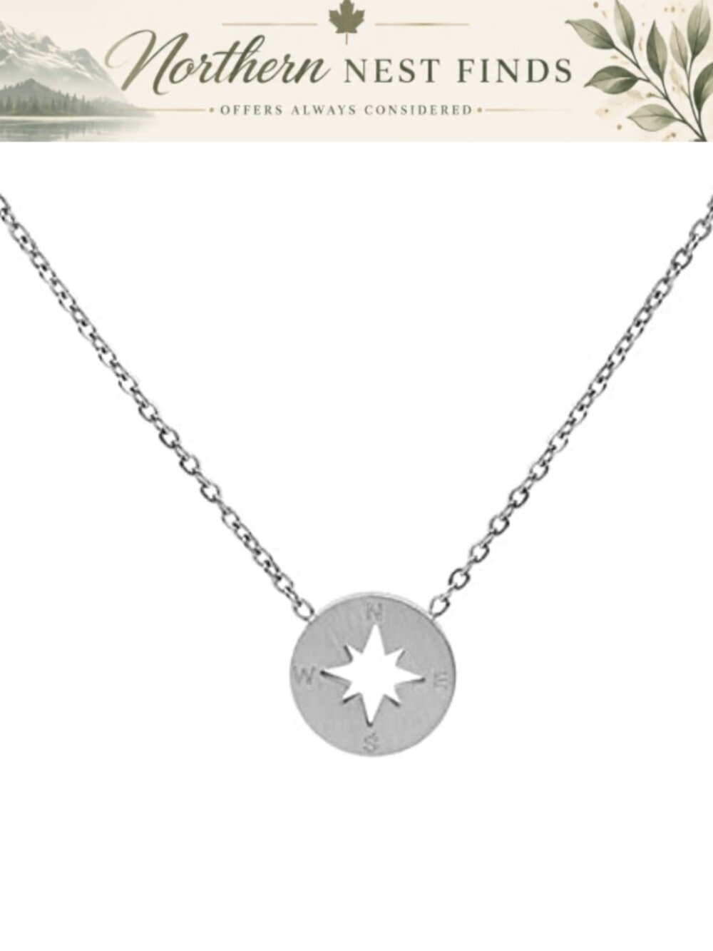 Tiny Silver Tone Compass Pendant Necklace Stainless Steel Dainty Layering